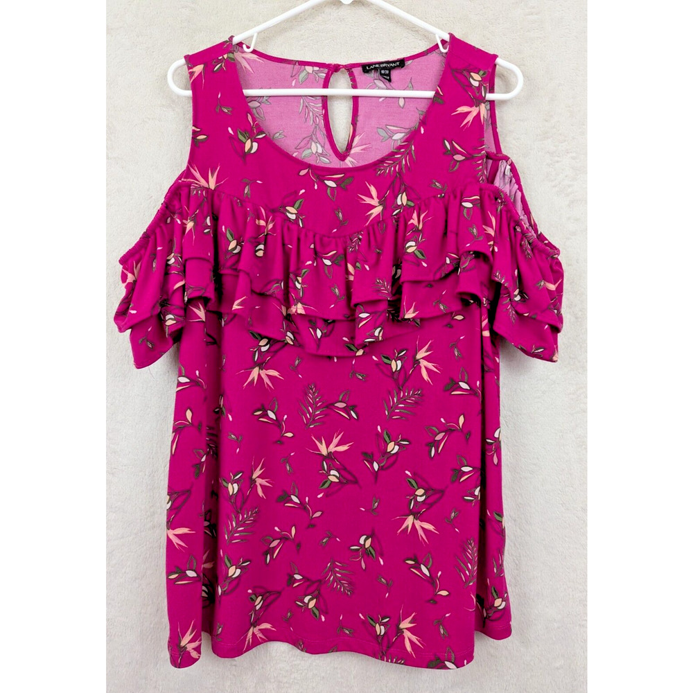 Lane Bryant sz 18/20 Cold Shoulder Slinky Top pink floral print ruffly 3022
